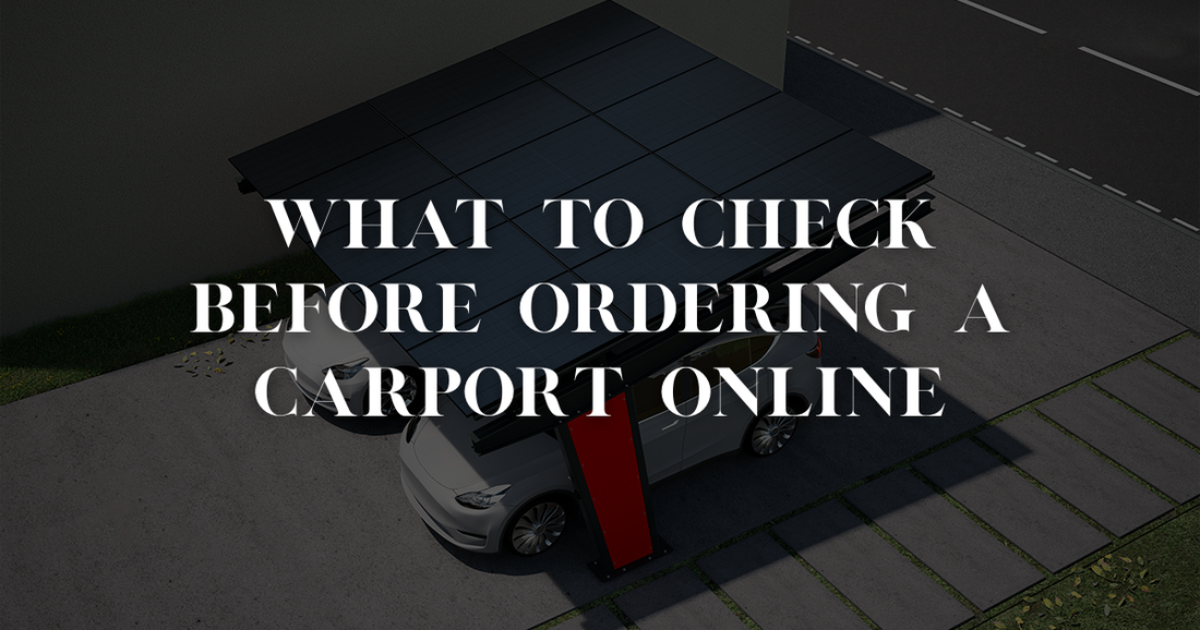 Checklist graphic for ordering a carport online: site measurement, permit check, supplier verification