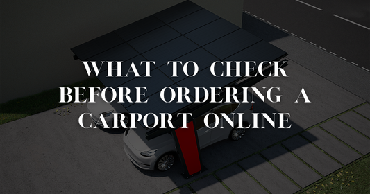 Checklist graphic for ordering a carport online: site measurement, permit check, supplier verification