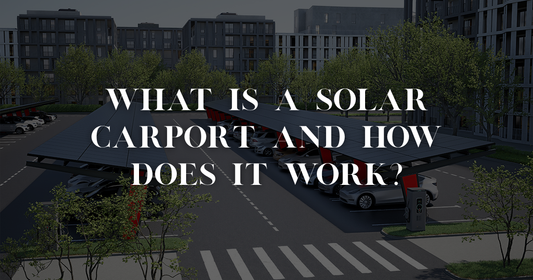 Modern solar carport with photovoltaic panels on roof, charging an electric car underneath with sun rays visible