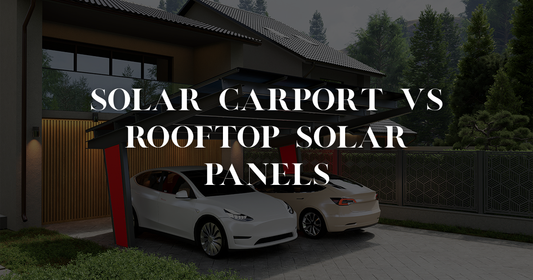 Comparison infographic: solar panels on carport roof vs solar panels on house roof with efficiency metrics