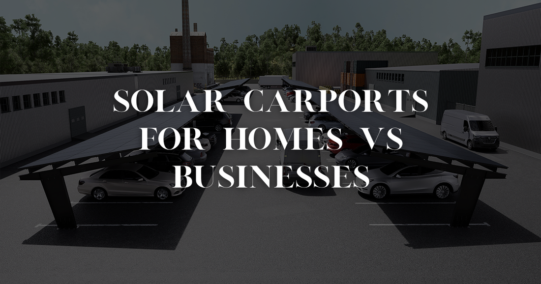 Split image: residential solar carport in a driveway vs large commercial solar carport in a business parking lot