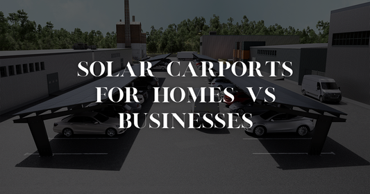 Split image: residential solar carport in a driveway vs large commercial solar carport in a business parking lot
