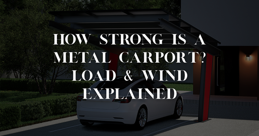 Engineering diagram showing snow load and wind force resistance on a metal carport structure