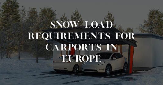 Map of Europe color-coded by snow load zones with carport in snowy Alpine setting