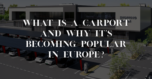 Modern metal and wood carport attached to a contemporary European home, sheltering an SUV under a sunny sky