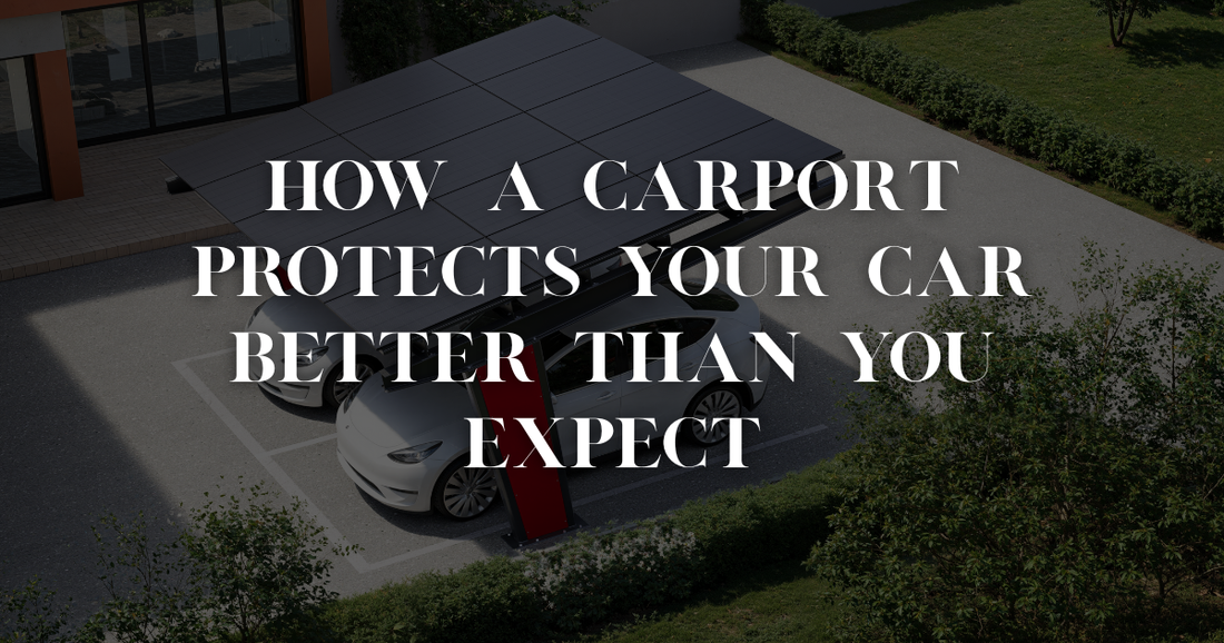 Visual comparison: car damaged by sun, hail, and bird droppings vs car protected under a clean carport