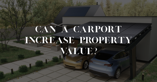 Stylish carport enhancing curb appeal of a European home with 'Value Increase' percentage graphic overlay