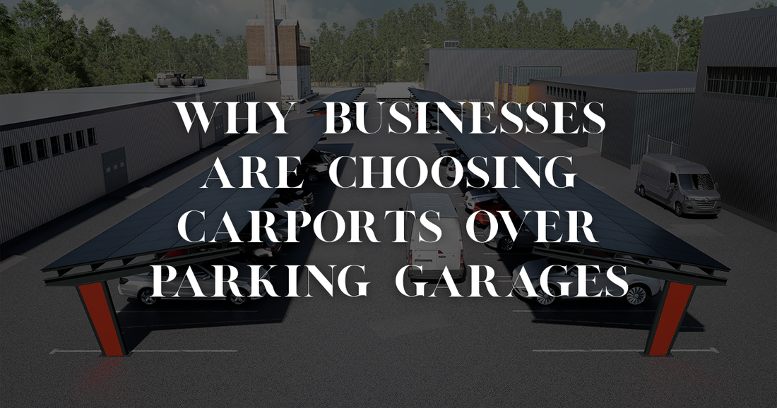 Large commercial solar carport installation at a business park with multiple cars and EV charging stations