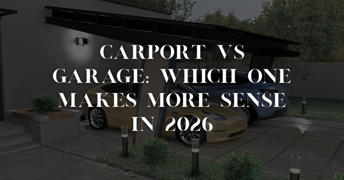 Side-by-side comparison illustration of a modern solar carport and a traditional brick garage in a European setting