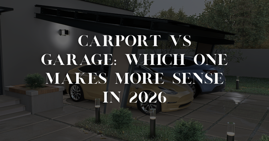 Side-by-side comparison illustration of a modern solar carport and a traditional brick garage in a European setting