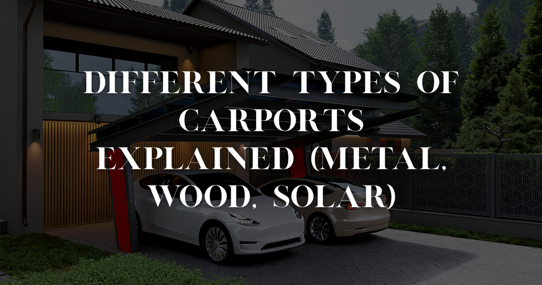 Three-panel image showing a metal carport, a wooden carport, and a solar carport in different European homes