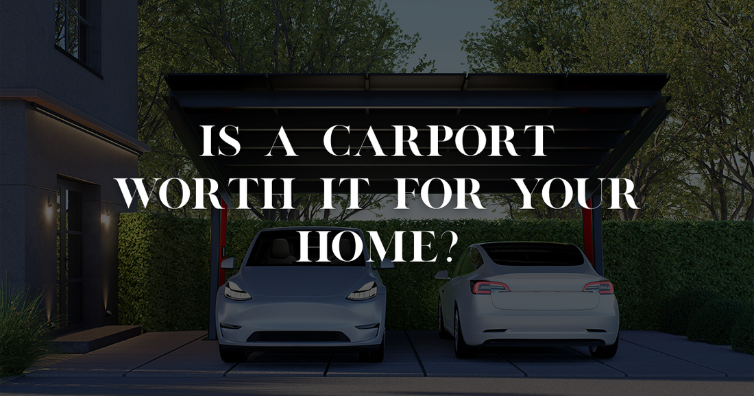 Happy homeowner standing next to their car under a stylish aluminum carport, checking their electric vehicle charger