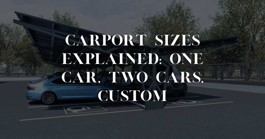 Diagram comparing standard carport sizes for one car, two cars, and oversized vehicles with dimensions